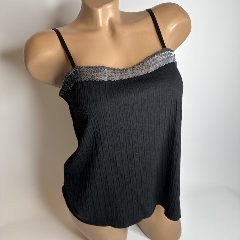 VTG Wanko Womens Black Ribbed Camisole Metallic Silver Sequin Cami Tank Small